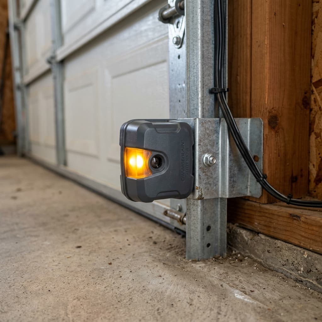 Close-up of an infrared safety reversing sensor glowing green, mounted on vertical metal tracks.