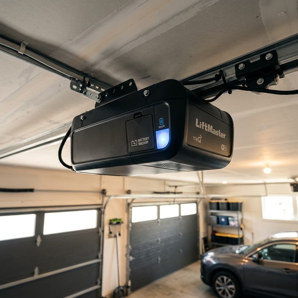 Smart LiftMaster garage door opener motor ceiling-mount unit showing a dedicated rechargeable battery backup unit.