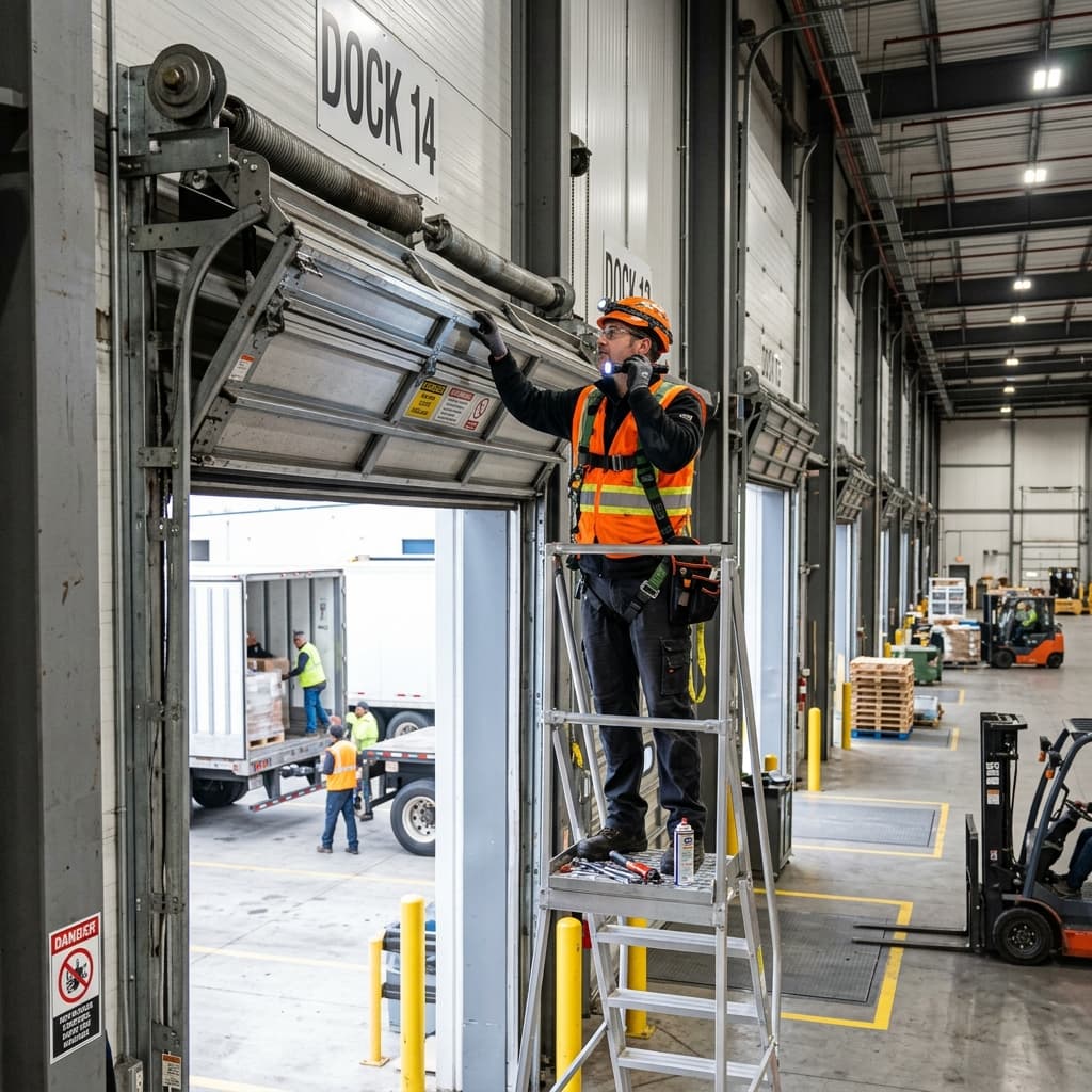 Heavy-duty commercial steel roll-up security shutter door inside a distribution warehouse facility.