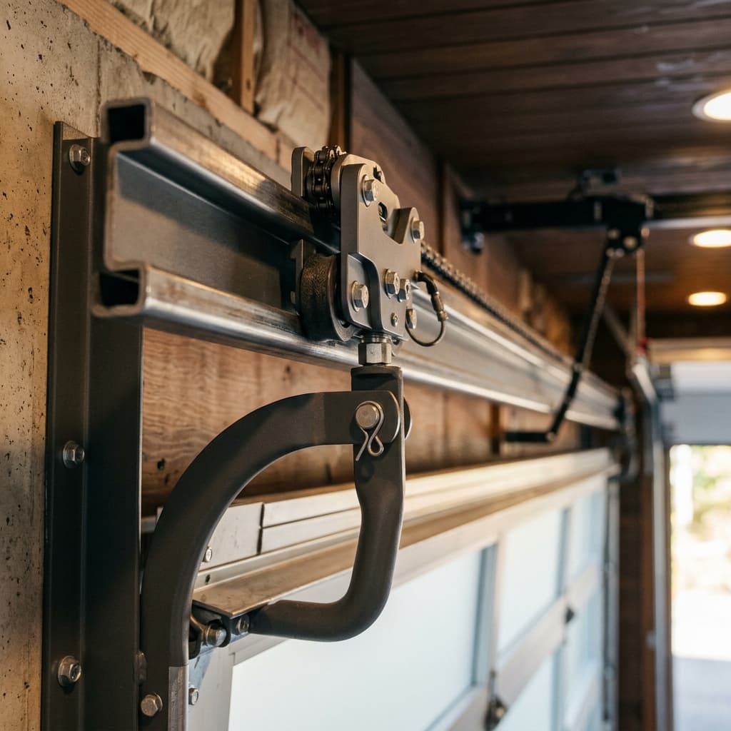 Overhead garage track trolley carriage gliding along a horizontal steel guide rail.
