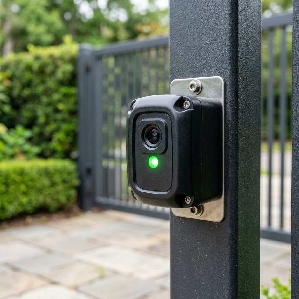 Automated swing driveway gate safety photocell sensor projecting infrared safety beam.