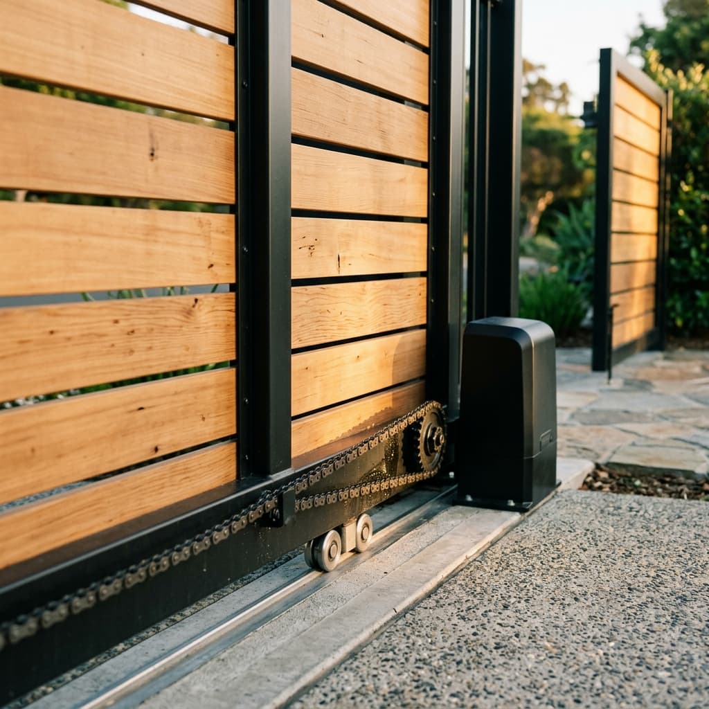 Custom metal automated driveway security gate sliding open highlighting motor drive chain and track.