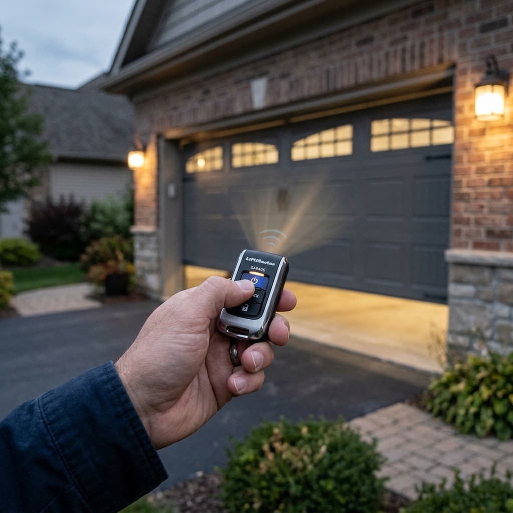 Close-up of a hand holding a smart garage remote key fob testing frequency response in front of a modern garage.