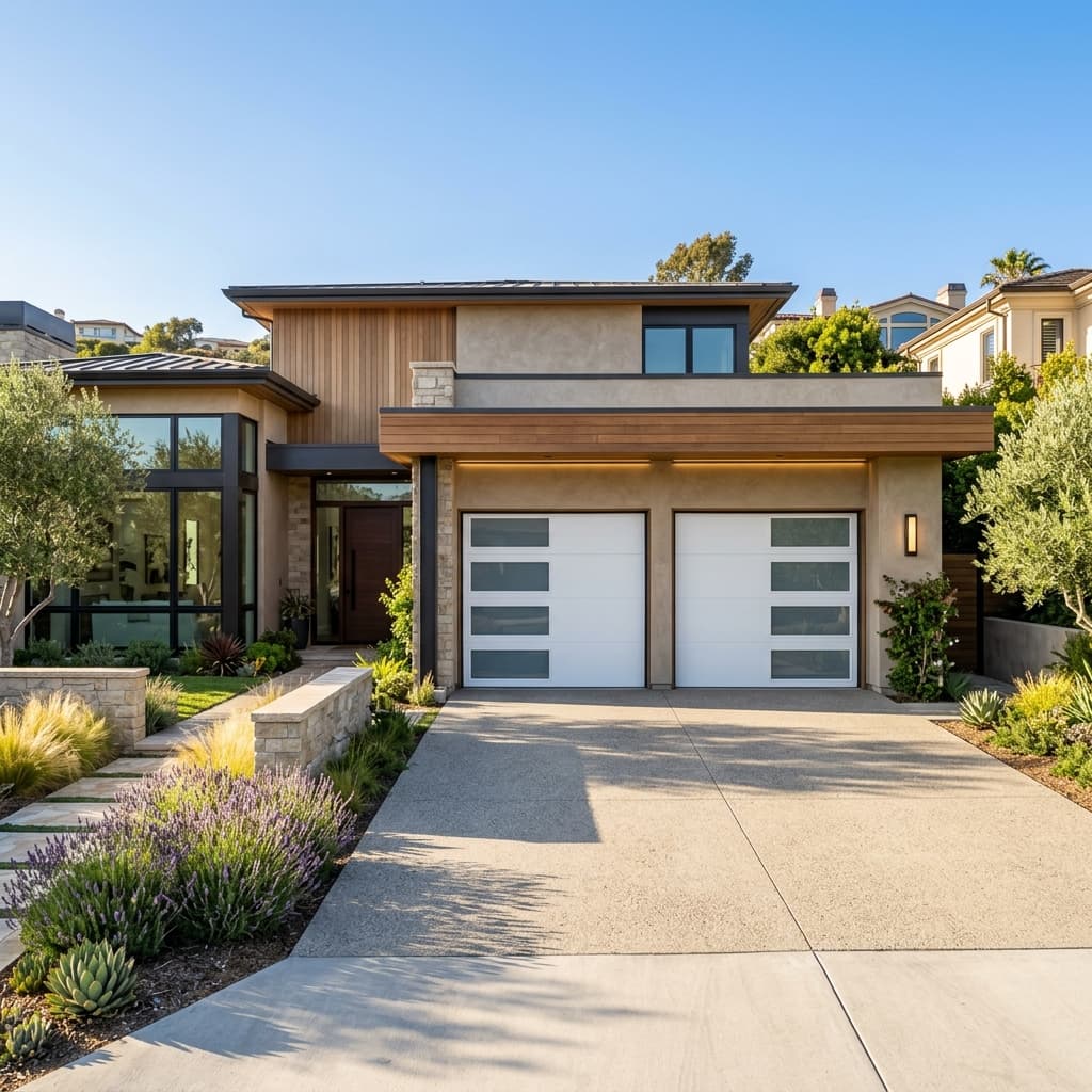 Modern contemporary residential home featuring clean white insulated double-car garage doors.