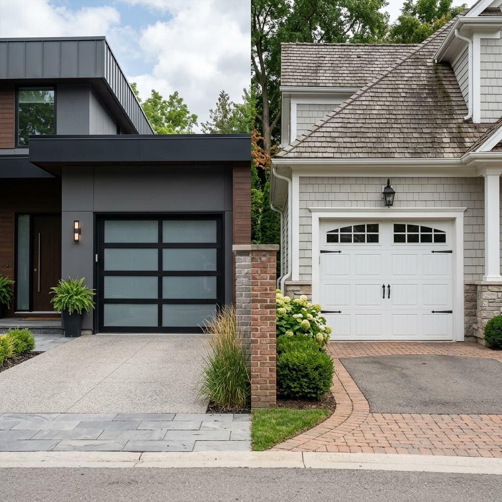 Side-by-side aesthetic showcase of elegant glass-panel and sleek flush steel modern residential garage doors.