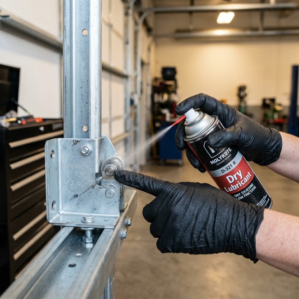 Professional technician spraying specialized dry silicone lubricant onto garage door roller tracks and hinge pivot pins.