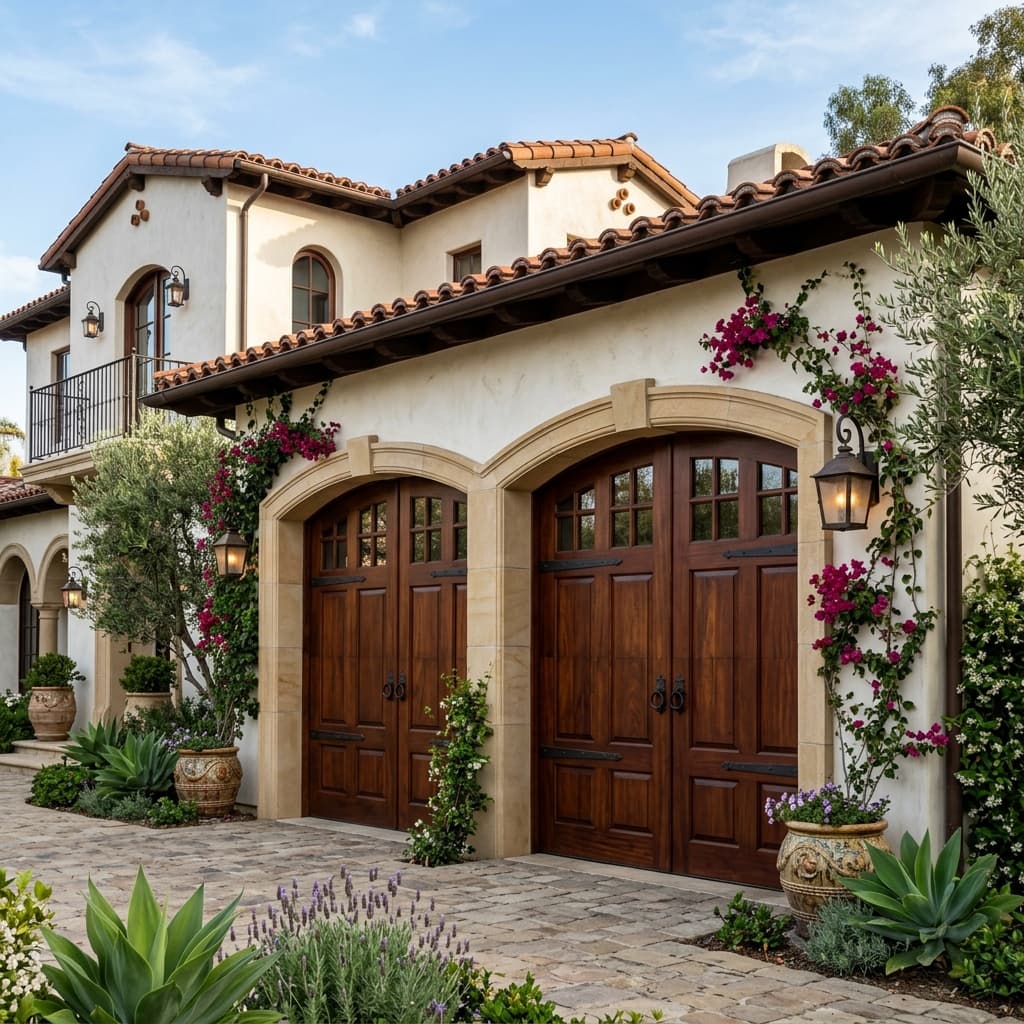 Premium custom wooden garage doors featuring elegant carriage-style detailing on a modern luxury home.
