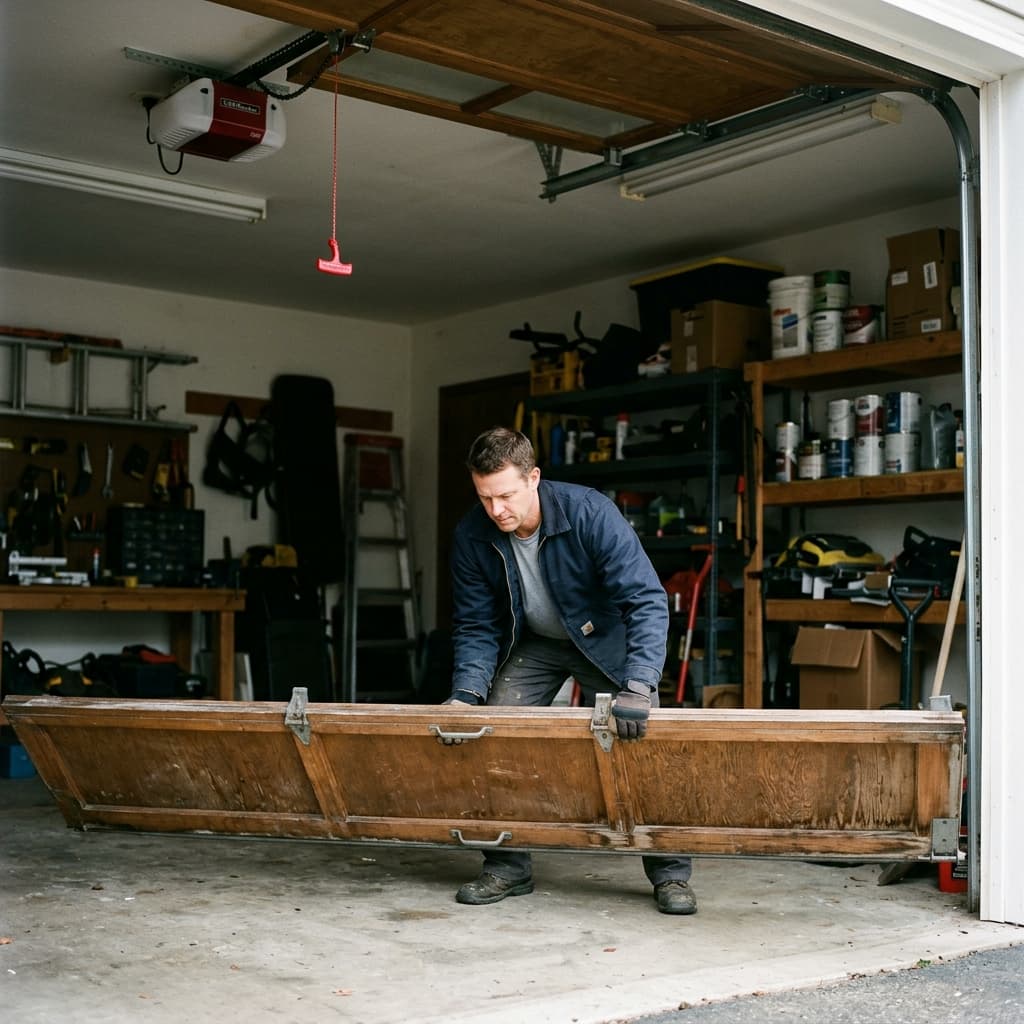 Close-up of a technician manually disengaging and opening a residential garage door panel.