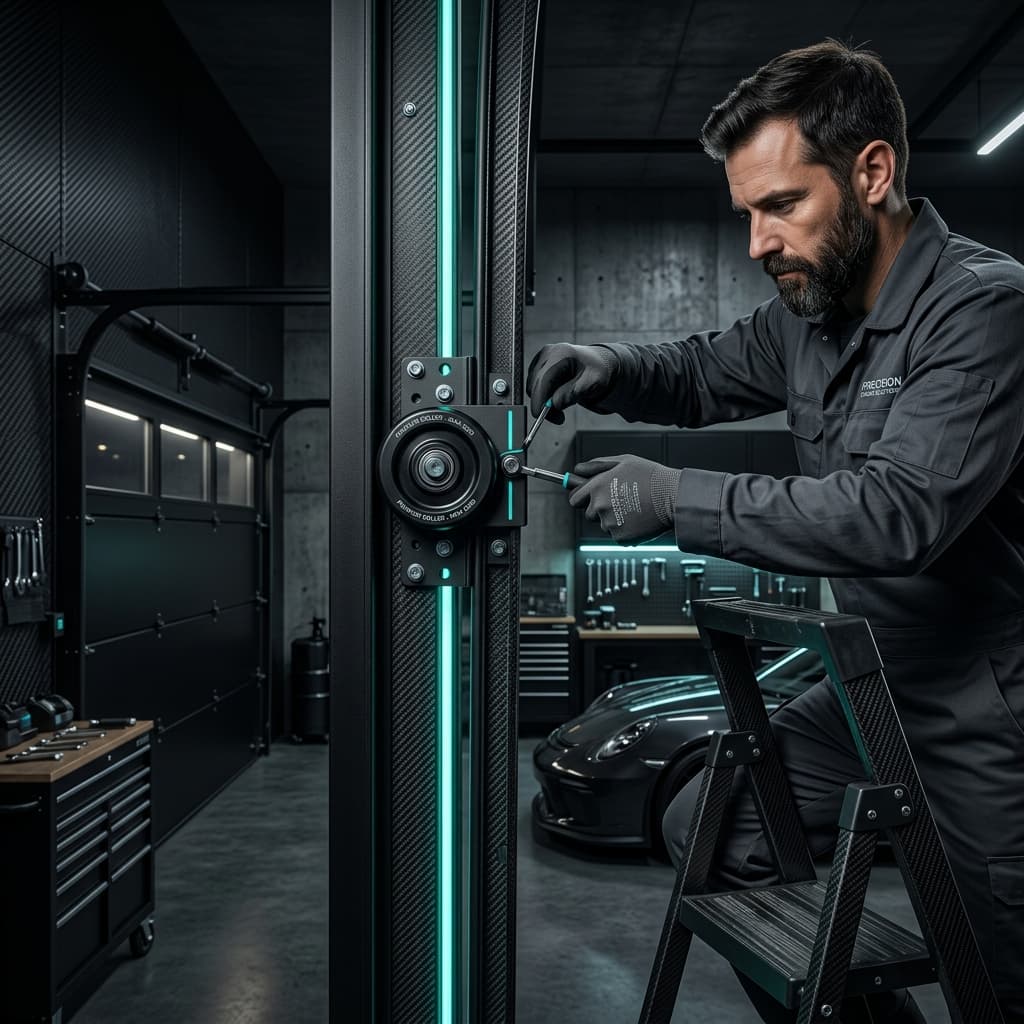 Bespoke close-up photograph of a professional technician precisely calibrating a sealed nylon roller on an interior garage track with neon teal accents.