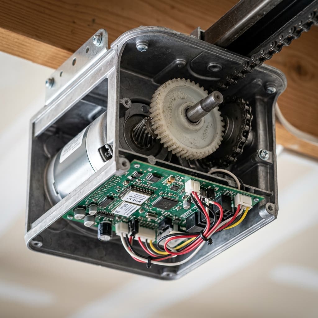 Close-up photograph of industrial garage door opener motor internal metal gears and electrical logic circuits.