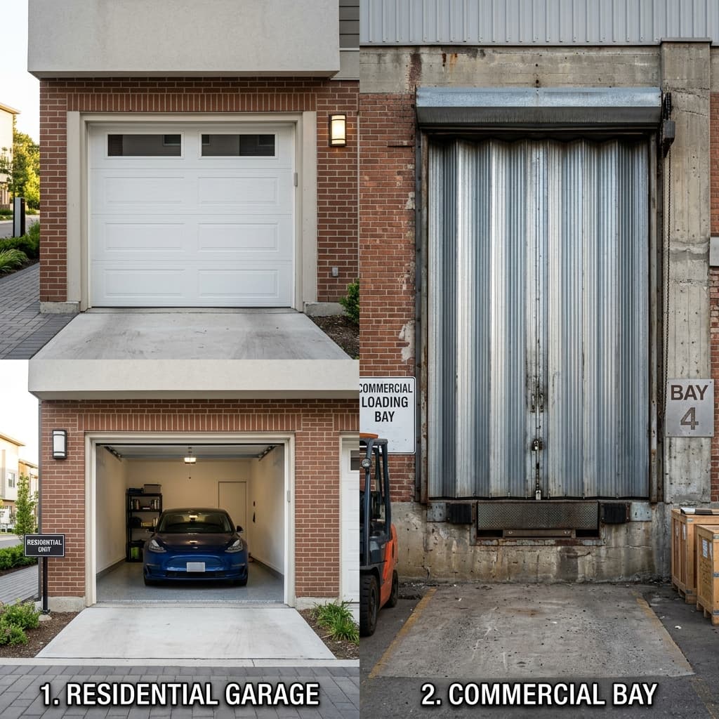 Residential house facade highlighting sectional panel garage doors that slide flat along the ceiling.