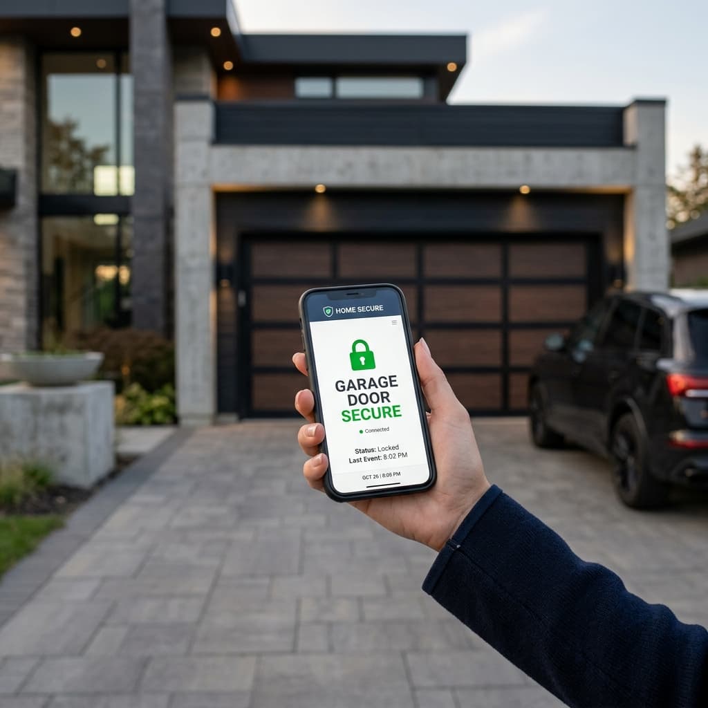 A hand holding a smartphone displaying a smart home security app interface showing secure closed garage status.