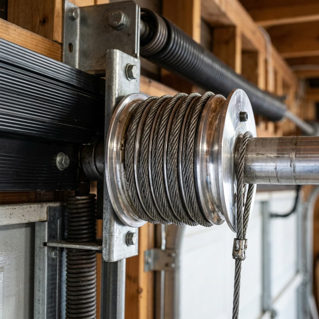 Close-up of heavy-duty steel aircraft cables wrapping cleanly around an aluminum cable drum.