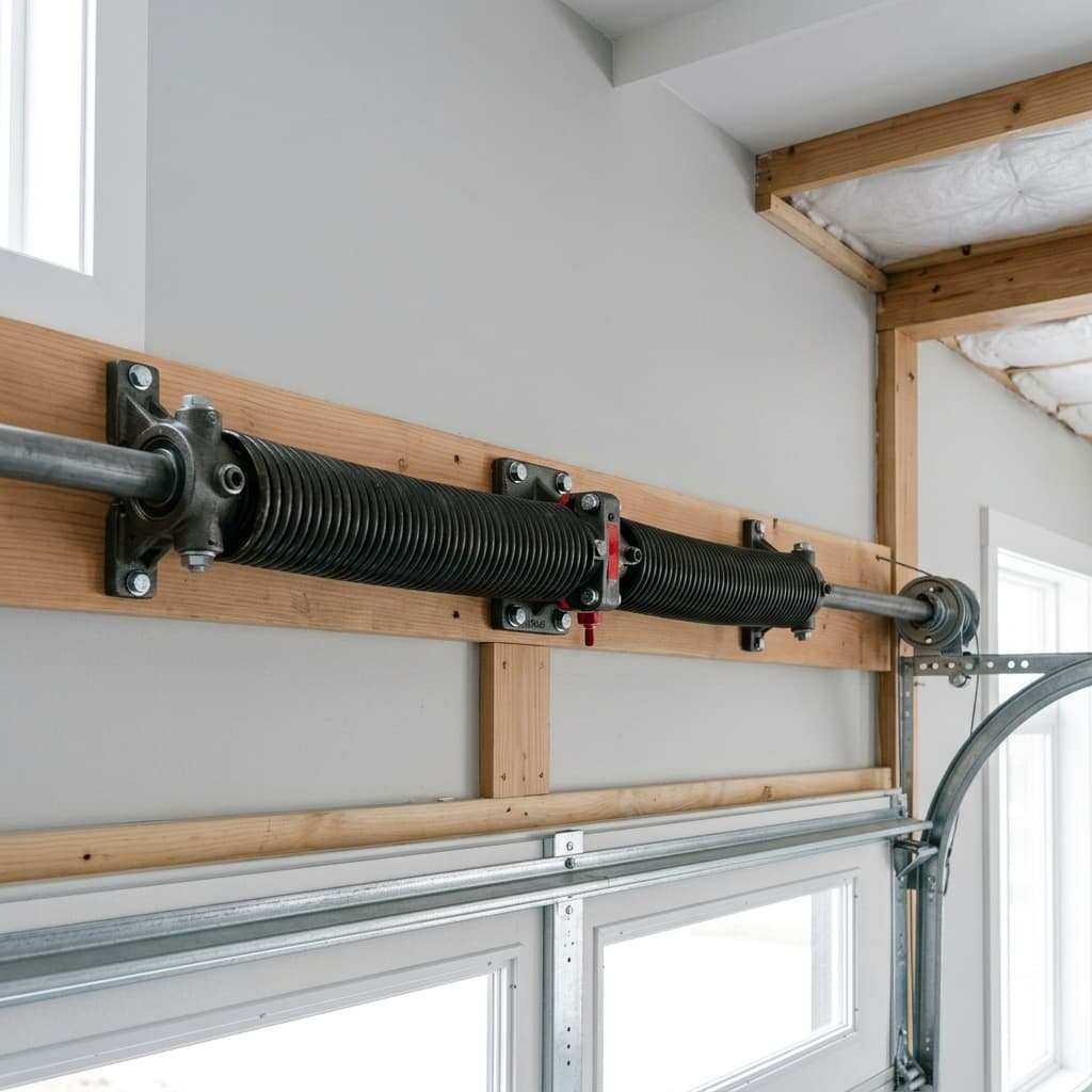 Close-up of clean, newly installed double steel torsion springs mounted on a solid torsion shaft.