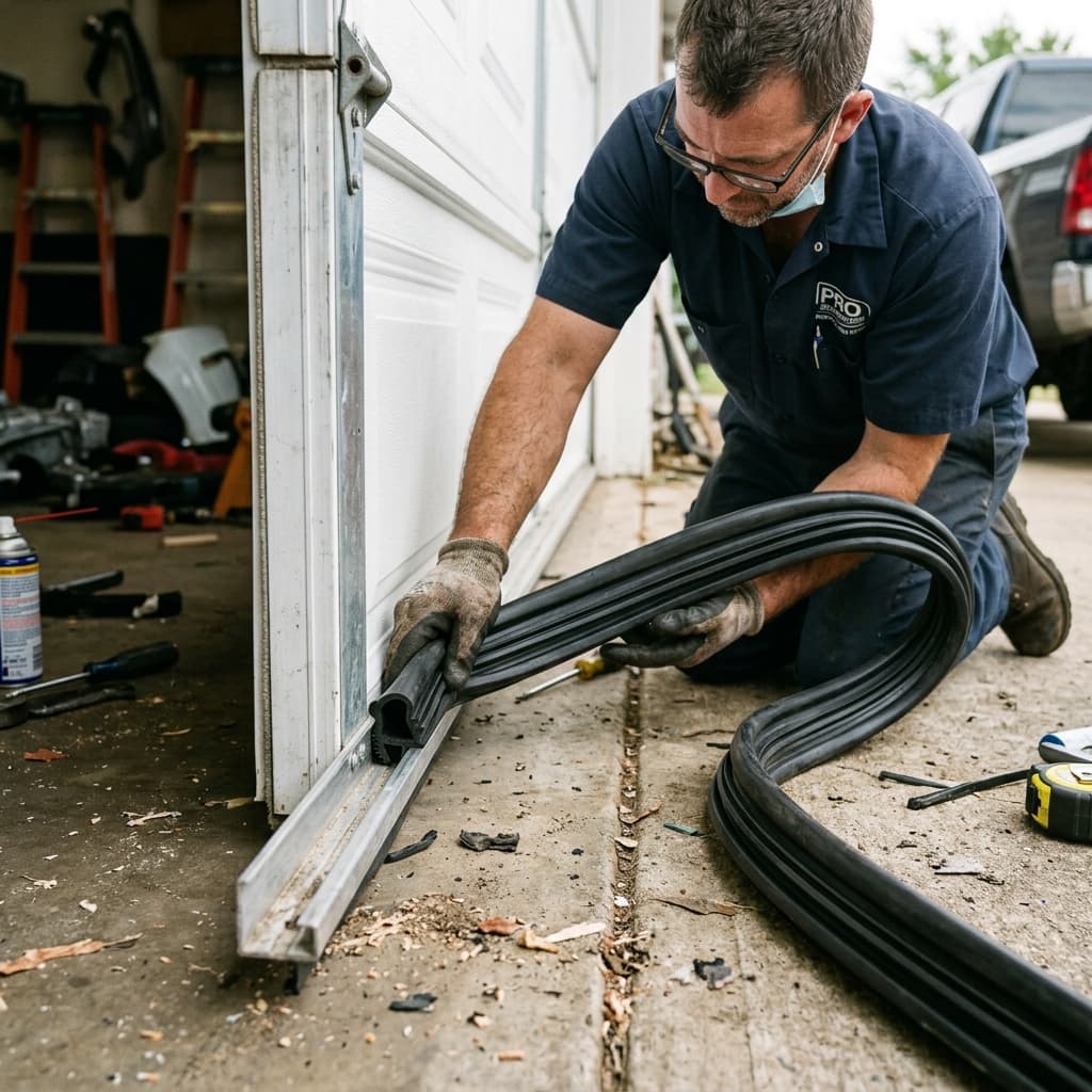 A professional technician mounting a high-durability synthetic EPDM rubber U-shaped bottom seal strip onto the lower panel of an overhead door.